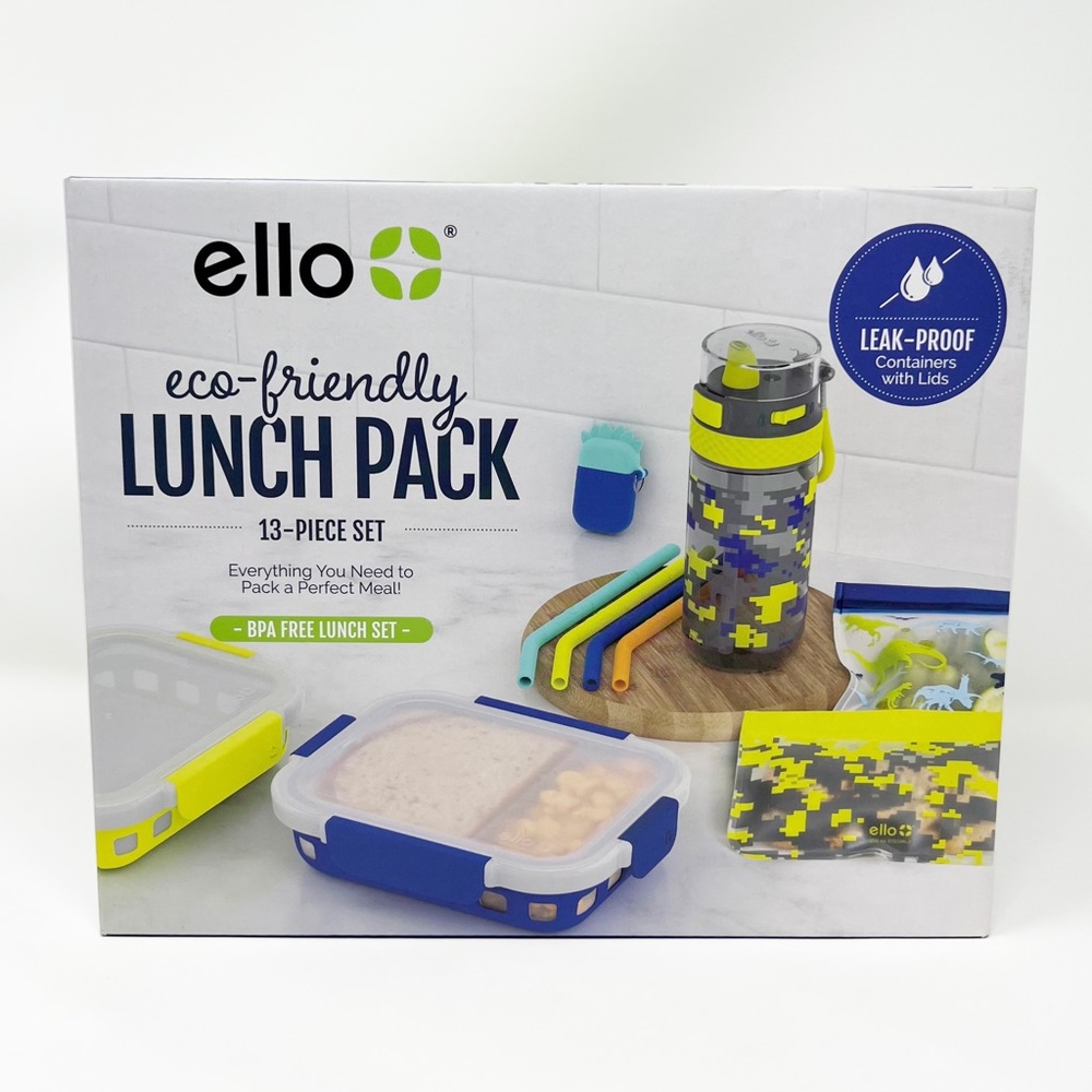 Ello 13-Piece Kids Food Storage, Straws & Water Bottle Lunch Pack Set Green Blue